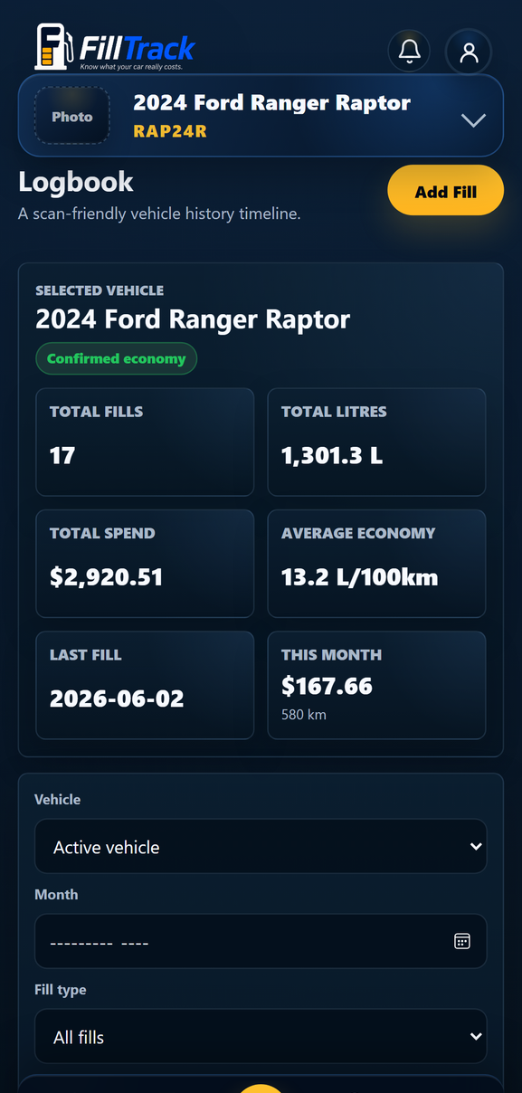 Current FillTrack logbook summary with fuel totals and vehicle history.